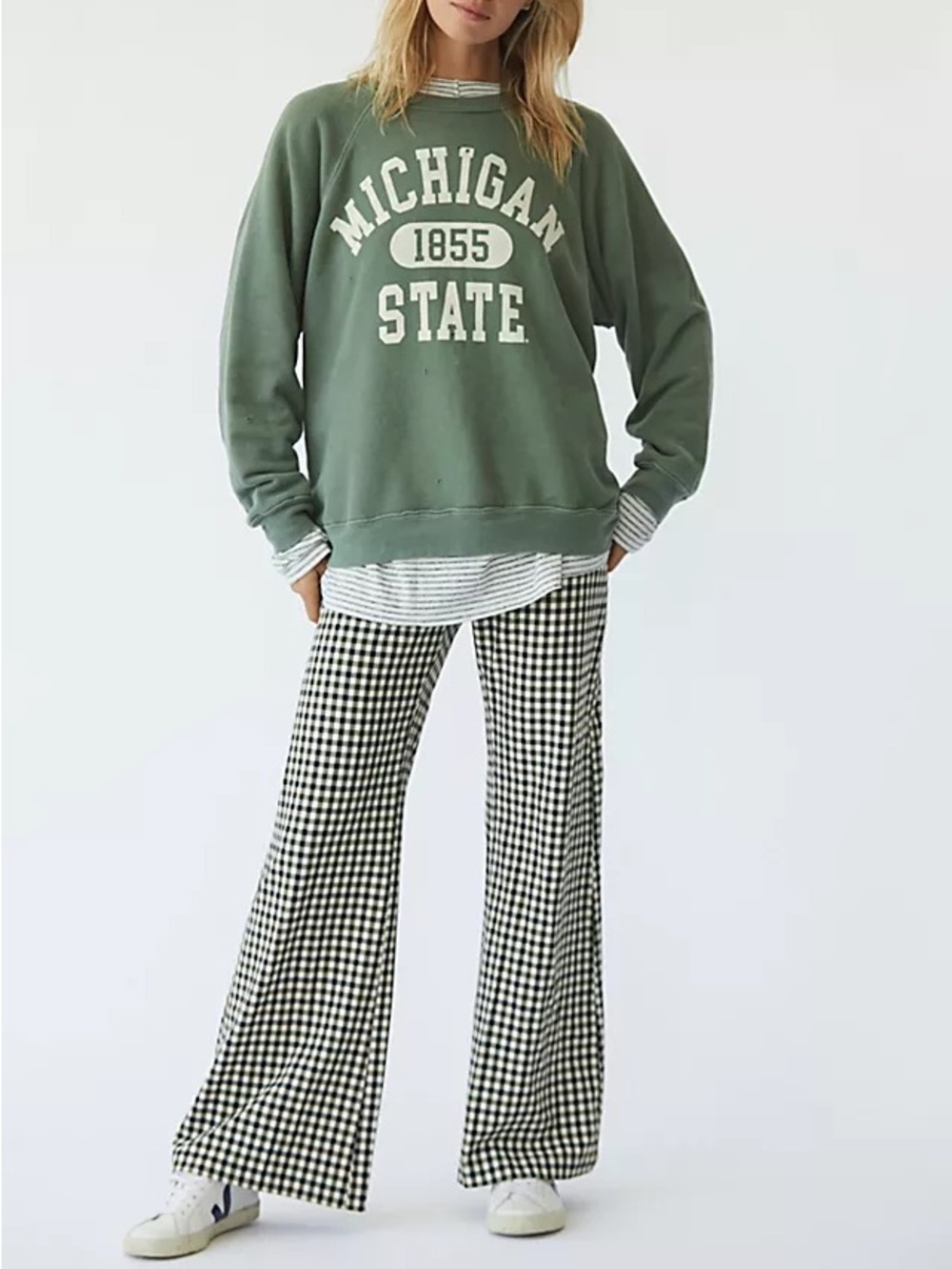 Free People • Jules gingham check olive flare pants